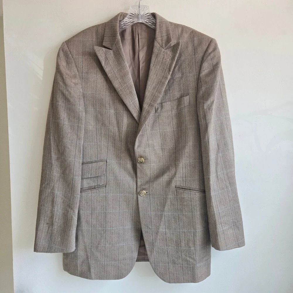 Burberry Men's Size 40 Wool Tan Checked Lined Collared‎ Pocket Blazer Old Money